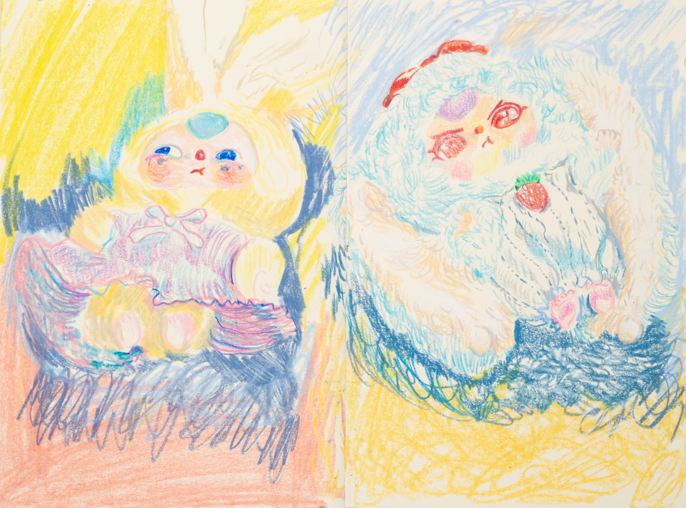 Colored pencil drawing of two plush rabbits: Baby Threes.
