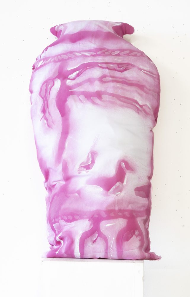 Soft sculpture of a Ming dynasty vase in dyed fabric.